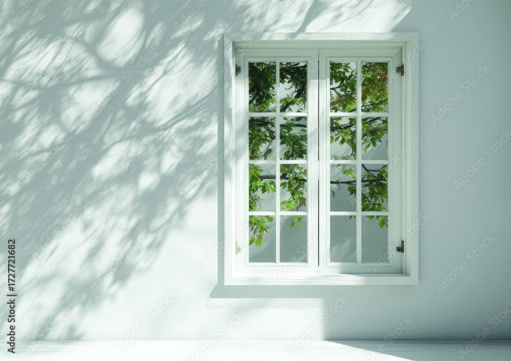 Obraz premium A serene, light-filled space is highlighted by a window, showcasing dappled shadows and fresh greenery.