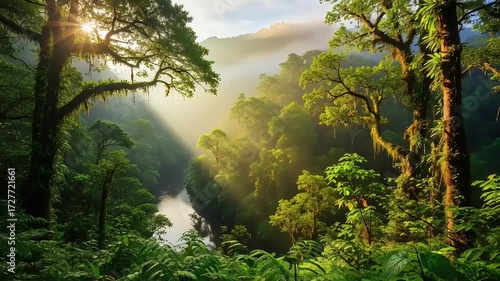 Sunlight Filtering Through Lush Forest Canopy with Misty River in Background
