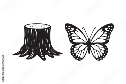 Black and white illustration of a tree stump and butterfly