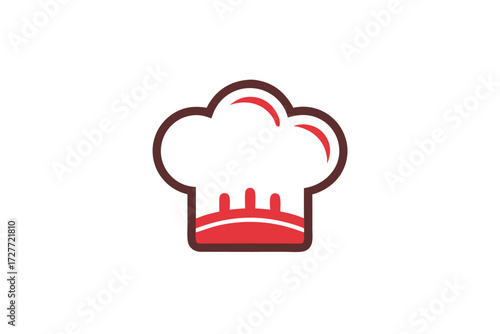 A white chef hat with red accents and brown outlines stands alone proudly
