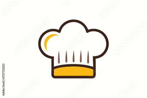 A white chef's hat with brown outlines and yellow accent stands centrally