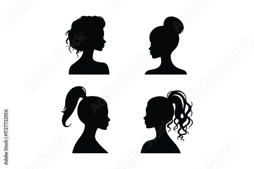 Four silhouettes of women s hairstyles in profile