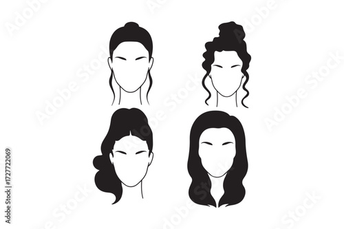 Four stylized fashionable female hairstyles illustrated