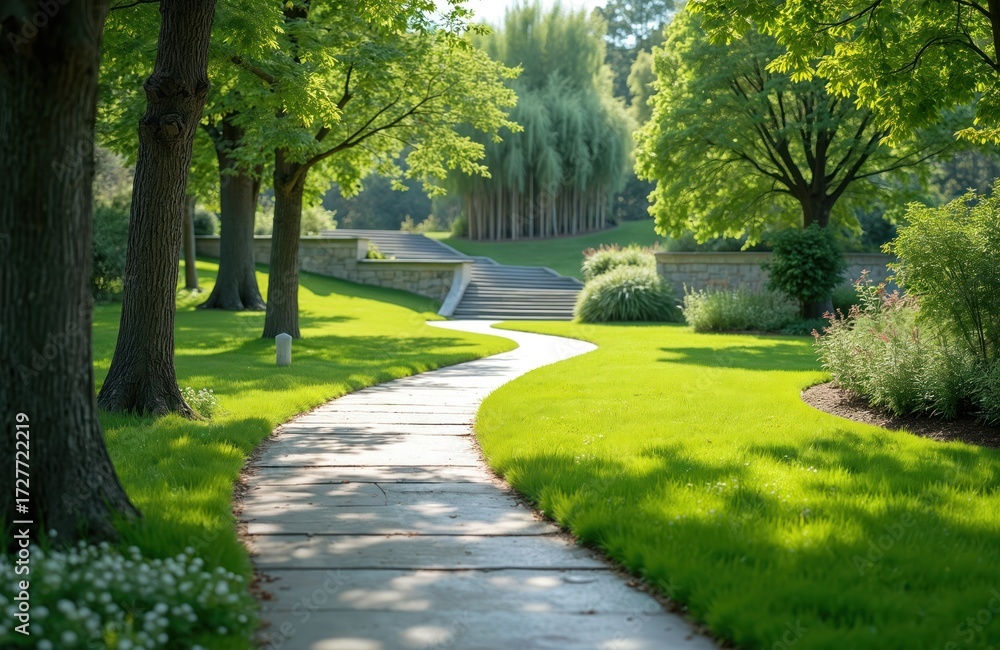 Fototapeta premium Winding stone pathway through rich green park grass leads to wide stairs. Tall trees provide shade on sunny summer day in beautiful garden landscape.