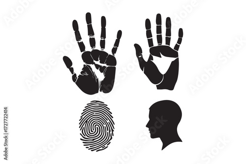 Silhouettes of handprints fingerprint and head profile