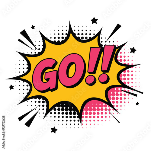 Comic book style 'go' speech bubble vector illustration with stars and halftone dots eps vector