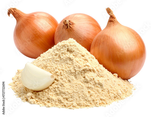 Onion powder heap, a white to light yellow ground seasoning, isolated on white background for cooking