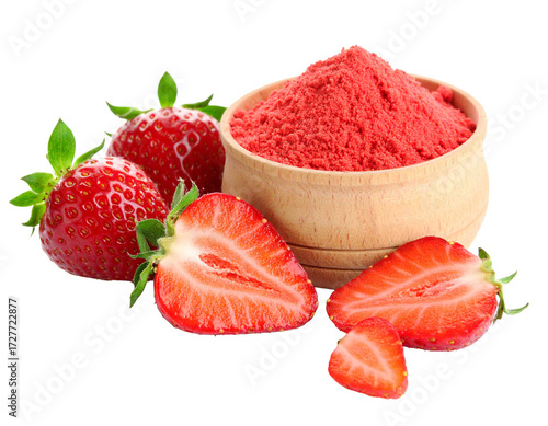 Strawberry powder heap, freeze-dried fruit powder isolated on a white background for baking, smoothies, and flavor