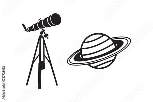 Telescope and ringed planet illustration