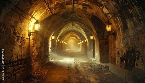 Lit brick tunnel with debris, curving into a hazy bright end