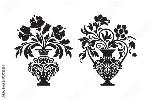 Ornate black floral vases with flourishing designs
