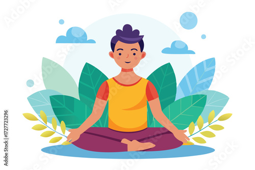 Smiling man with purple hair meditates calmly with green leaves surrounding him