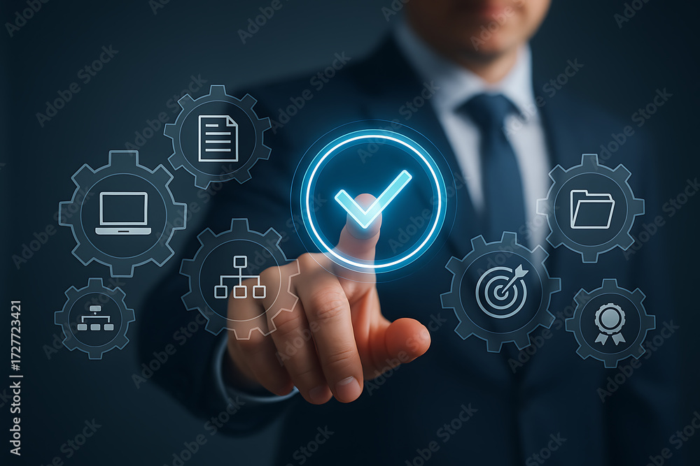 Obraz premium Businessman Touching Digital Check Mark Icon on Futuristic Interface with Process Automation