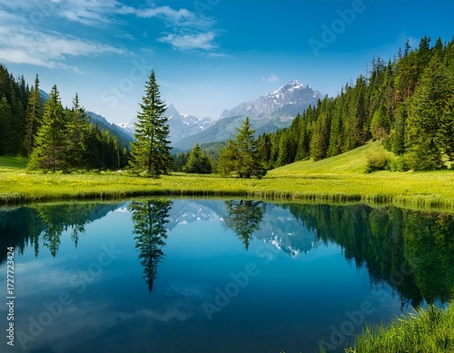 Beautiful view of meadow and amazing trees reflected on the blue water surface somewhere between mountains covered with forest 