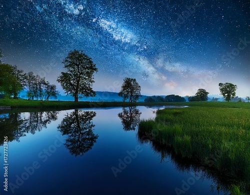 Beautiful view of meadow and amazing trees reflected on the blue water surface somewhere in a rural area High quality photography starlight night starry sky 