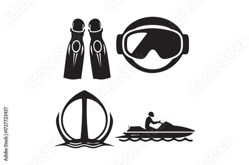 Water sports icons including snorkeling gear and jet ski