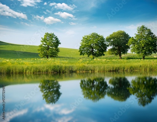 Beautiful view of prairie and amazing trees reflected on the blue water surface somewhere in a rural area; magical scenery during summer, panorama 