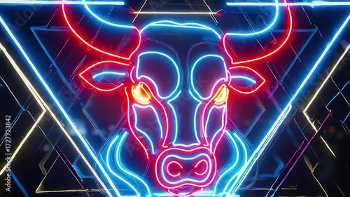 Vivid Neon Bull Head Outline with Geometric Light Patterns in Dynamic Video