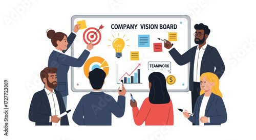 Diverse Team Collaborating on Vision Board for Business Strategy.