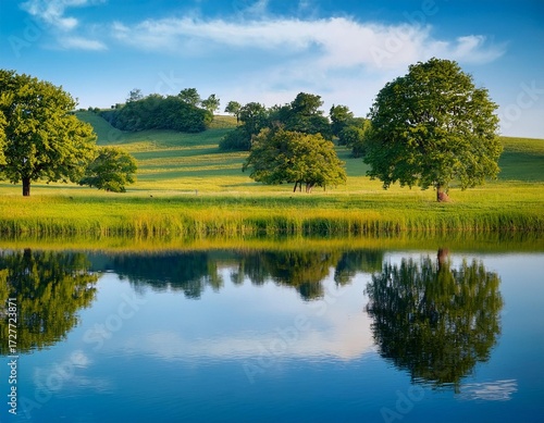 Beautiful view of meadow and amazing trees reflected on the blue water surface; summer landscape; high quality photo 