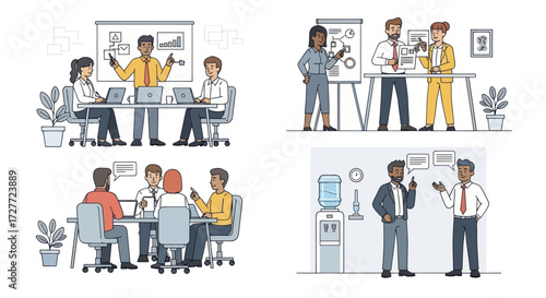 Diverse business team collaborating in office meeting and presentation settings.