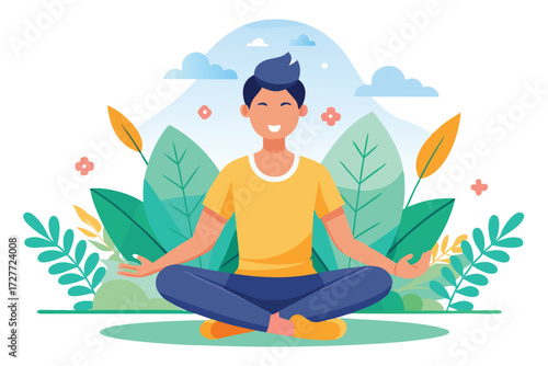 Smiling man sits in lotus position with leaves and sky behind him