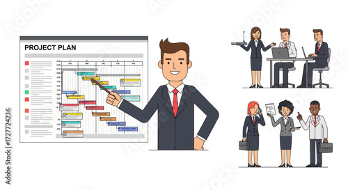 Cartoon Businessman Presenting Project Plan with Diverse Business Team Illustrations.