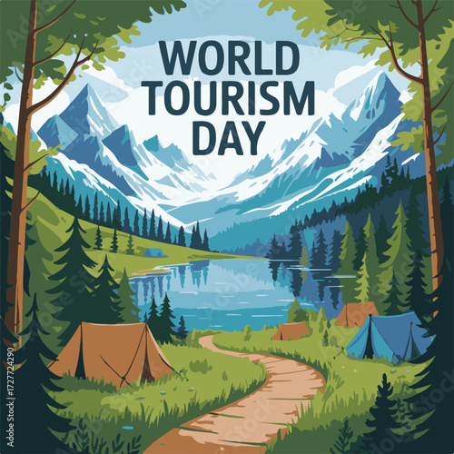 World Tourism Day Nature Vector Set: Scenic Mountain Camping and Forest Adventure Illustrations.
