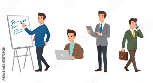 Set of cartoon businessmen characters engaged in various professional office activities.