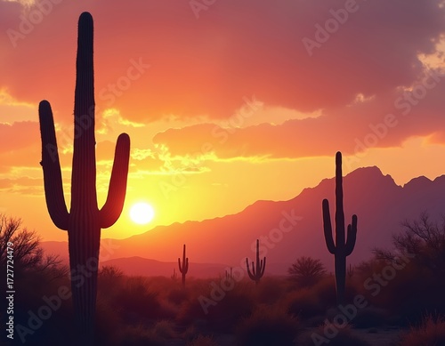 Silhouette of saguaro cacti against vibrant sunset sky with mountains in distance. Desert landscape glows with warm orange, yellow hues during dusk. Scene evokes sense of vastness, natural beauty.