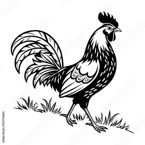 Black and white stylized illustration of a chicken 