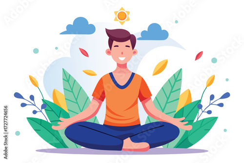 Smiling ethnic man meditates within nature with blue clouds and sunny sky