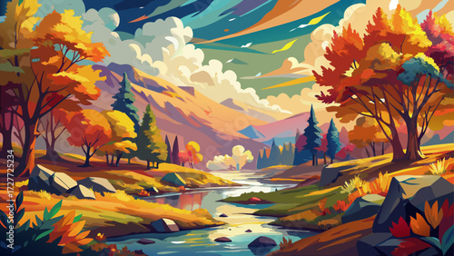 This abstract impressionist painting of a colorful autumn landscape captures radiant fall foliage, artistic depth, glowing atmosphere, bold contrasts, and poetic brushwork highlighting the charm of 