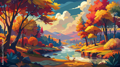 This abstract impressionist painting of a colorful autumn landscape captures radiant fall foliage, artistic depth, glowing atmosphere, bold contrasts, and poetic brushwork highlighting the charm of 