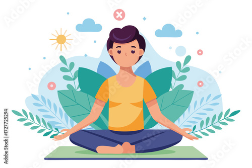 Meditating woman sits on a yoga mat with a serene nature backdrop