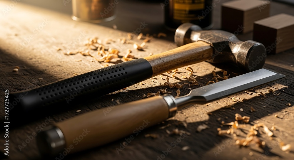 Naklejka premium A hammer and chisel rest on a wooden bench, for symbolic guidance