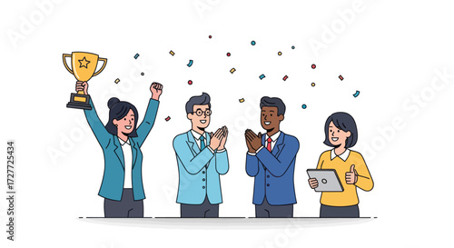 A diverse business team celebrating success with a golden trophy and confetti.