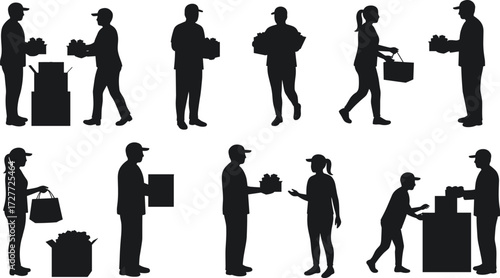 People carrying boxes, food donation silhouettes, volunteer work, charity illustration, giving help, humanitarian aid, community support, teamwork