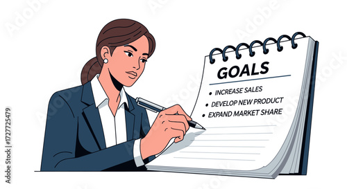 Professional Businesswoman Writing Strategic Goals in a Spiral Notebook.