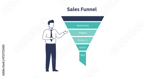 Businessman explaining a multi-stage sales funnel diagram.