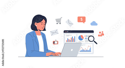 Businesswoman Analyzing Data on Laptop with Digital Marketing Icons.