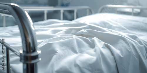 Hospital bed with white sheets and metal bedrails in dimly lit room conveying clinical somber atmosphere
