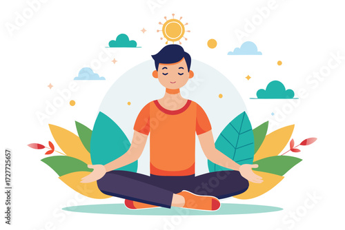 Tranquil man sits in lotus position surrounded by abstract nature under a sunny sky