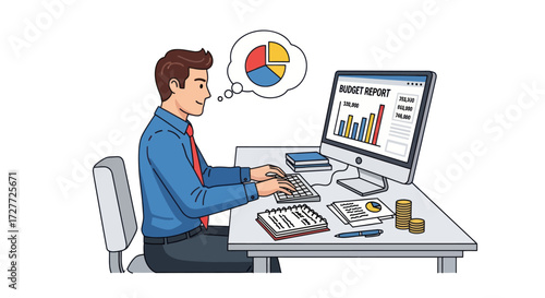 Businessman Analyzing Budget Report with Pie Chart Visualization.