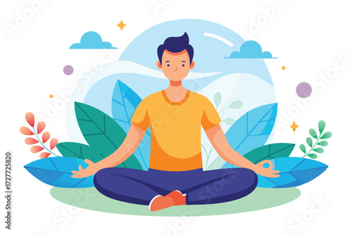 Relaxed man meditates in lotus position surrounded by abstract leaves against sky and clouds