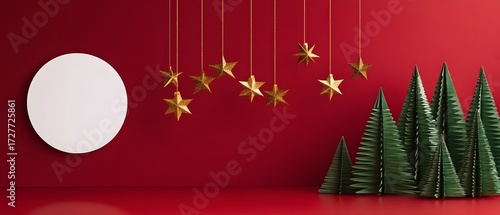 Modern Christmas holiday background with green paper trees and hanging gold stars.