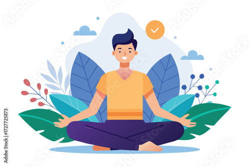 Smiling fair skinned man meditates, seated with crossed legs, among vibrant stylized leaves