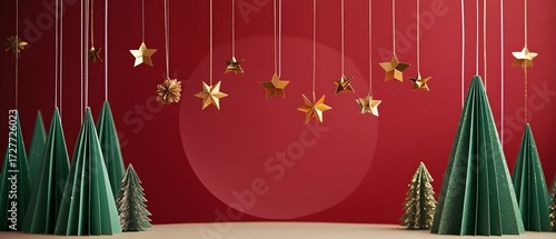 Modern Christmas decoration with green papercraft trees and hanging golden ornaments.