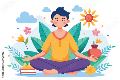Serene person meditates in lotus position surrounded by flourishing foliage and vibrant flowers