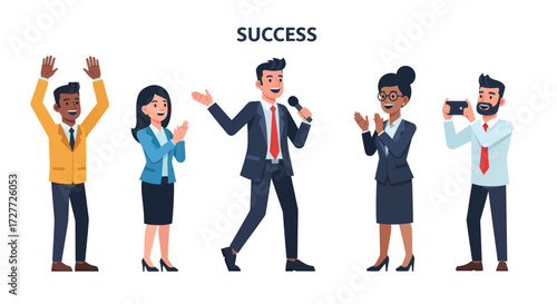Diverse Business Team Celebrating Success with Public Speaker.